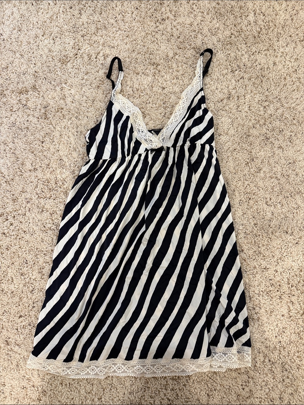 Kensie Black & White Striped Lace-Trim Chemise
